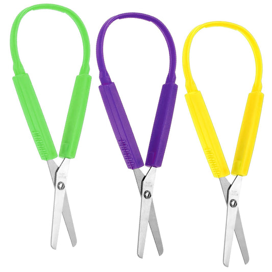 Telooco 3pcs Mini Loop Scissors 14cm Adaptive Design Scissor Colorful Handle Self-Opening Safety Scissors for Kids Children Schools Special Need(Green,Purple,Yellow)