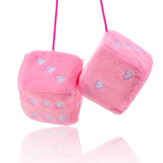 Fuzzy Dice for Car Mirror, Pair 2.75'' Fuzzy Retro Dice for Rear View Mirror with Heart Shape Decor for Car Interior Hanging Ornament Decoration (Pink)