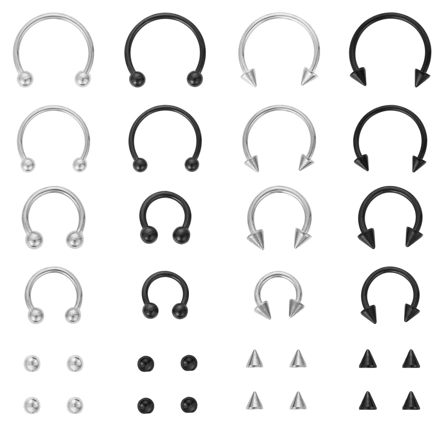 Yolev 16PCS Stainless Steel Nose Ring Septum Piercing Jewellery Horseshoe Piercing Nose Hoop Ring Horseshoe Captive Bead Ring Helix Tragus Cartilage Earrings for Women Men