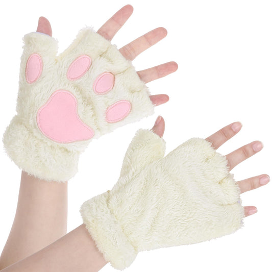 Cat Paw Gloves Kawaii Fingerless Gloves for Women Winter Furry Cat Gloves Cute Faux Fur Plush Half Finger Paws Gloves for Girls Women Halloween Cosplay Costume Accessories