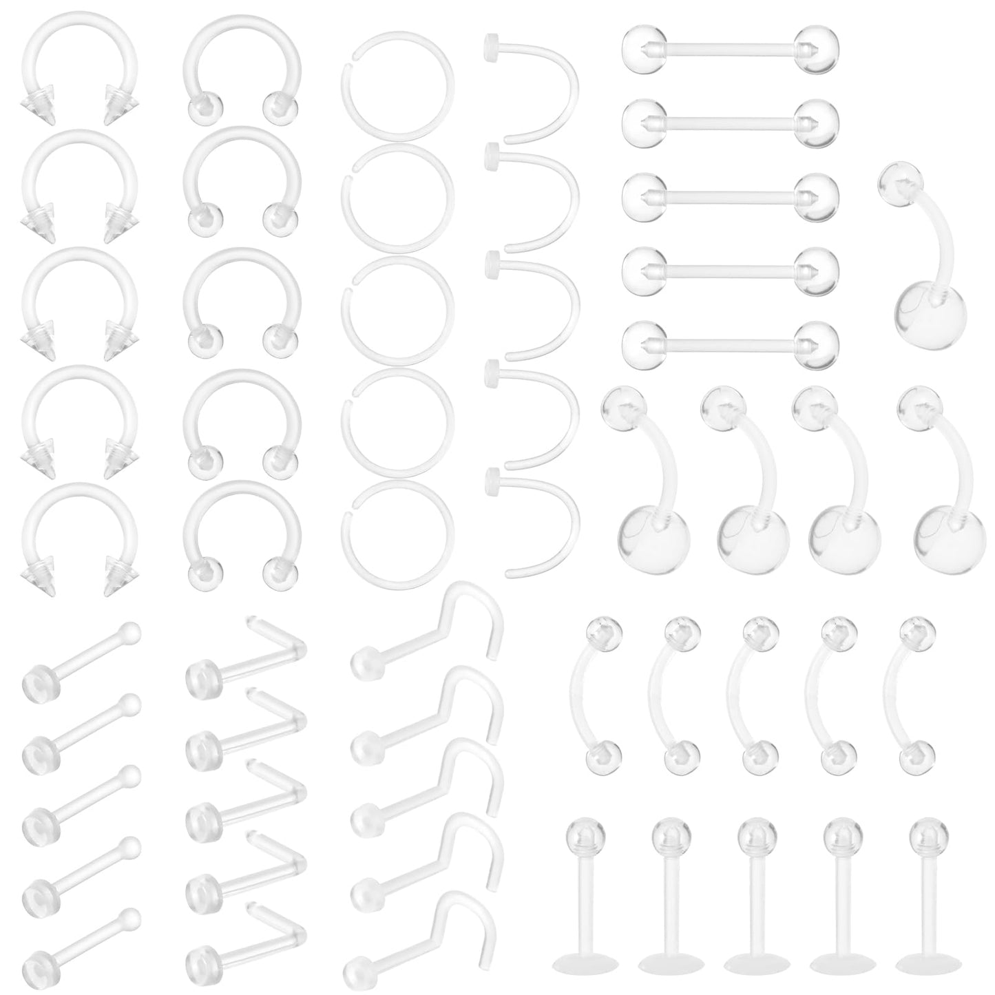 Yolev Clear Acrylic Piercing Retainer Set, 55Pcs Transparent Nose Rings And Nose Studs, Septum Jewelry For Work Surgery, Multiple Styles Included