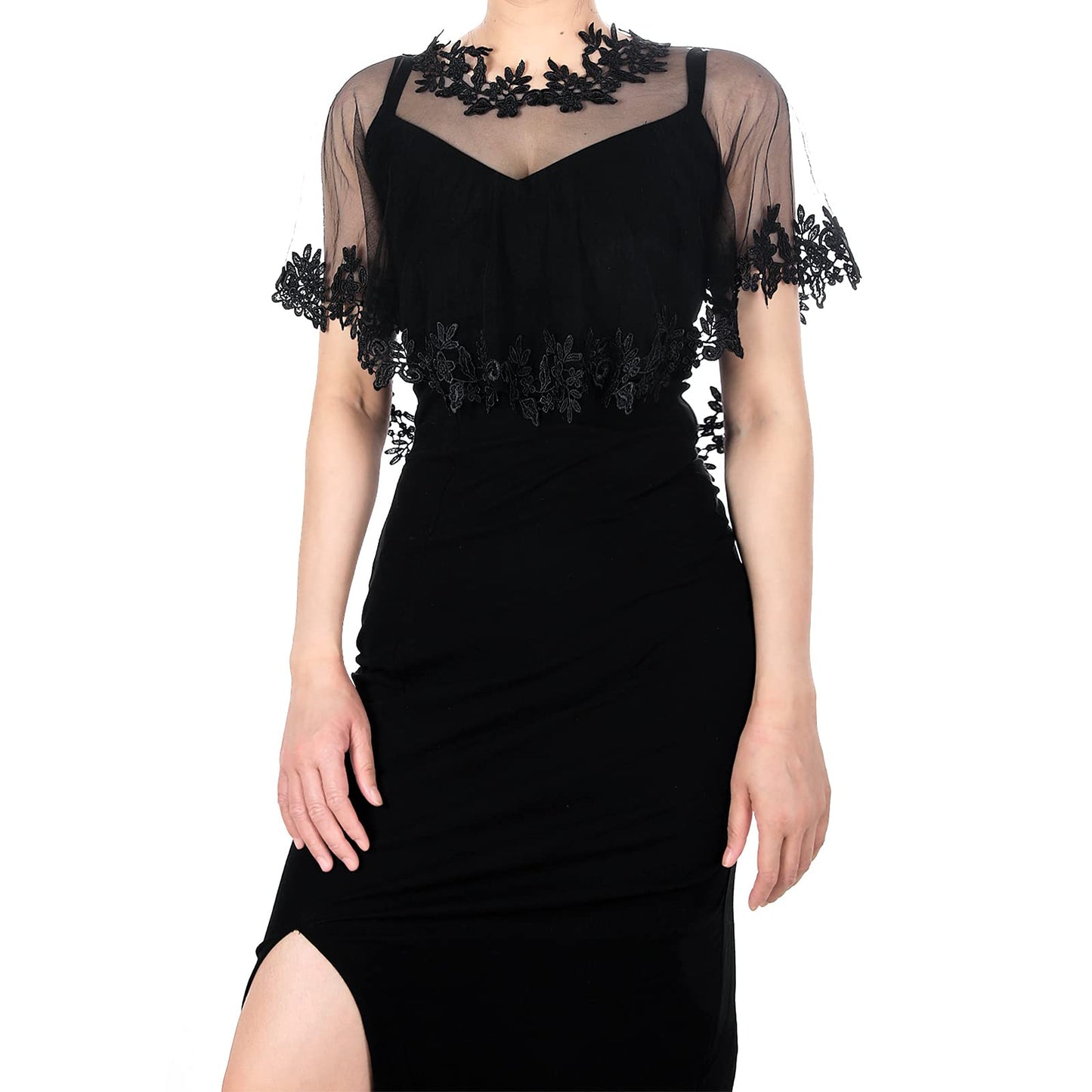Capelets for Women Lace Cape Shawls and Wraps for Evening Dress Wedding Capes Cover Up for Evening Prom Party Dress (Black)