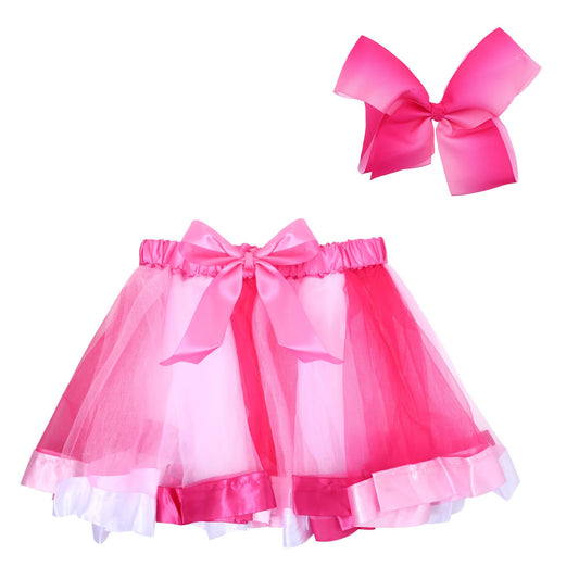 Yolev Girls Tutu Skirt Rainbow Tulle Tutu Skirt Princess Ballet Dance Dress Kid Tutu Skirt with Hair Bow for Children (Pink and White)