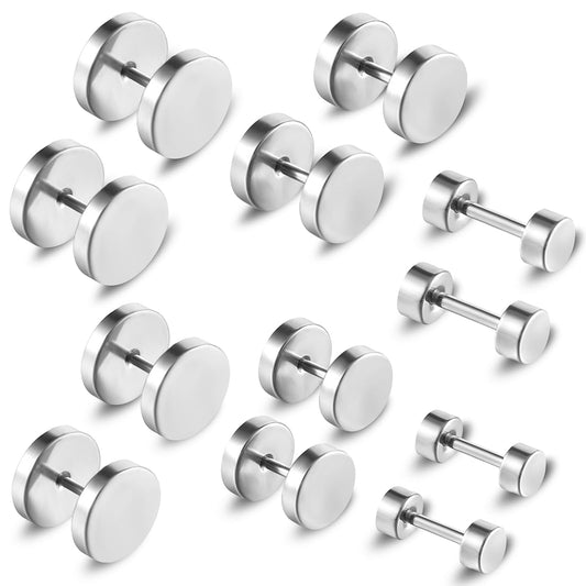 6 Pairs Black Earrings for Men Women Fake Plugs Faux Gauges Plugs Earring Stainless Steel Stud Earrings, 4-10mm (Silver)