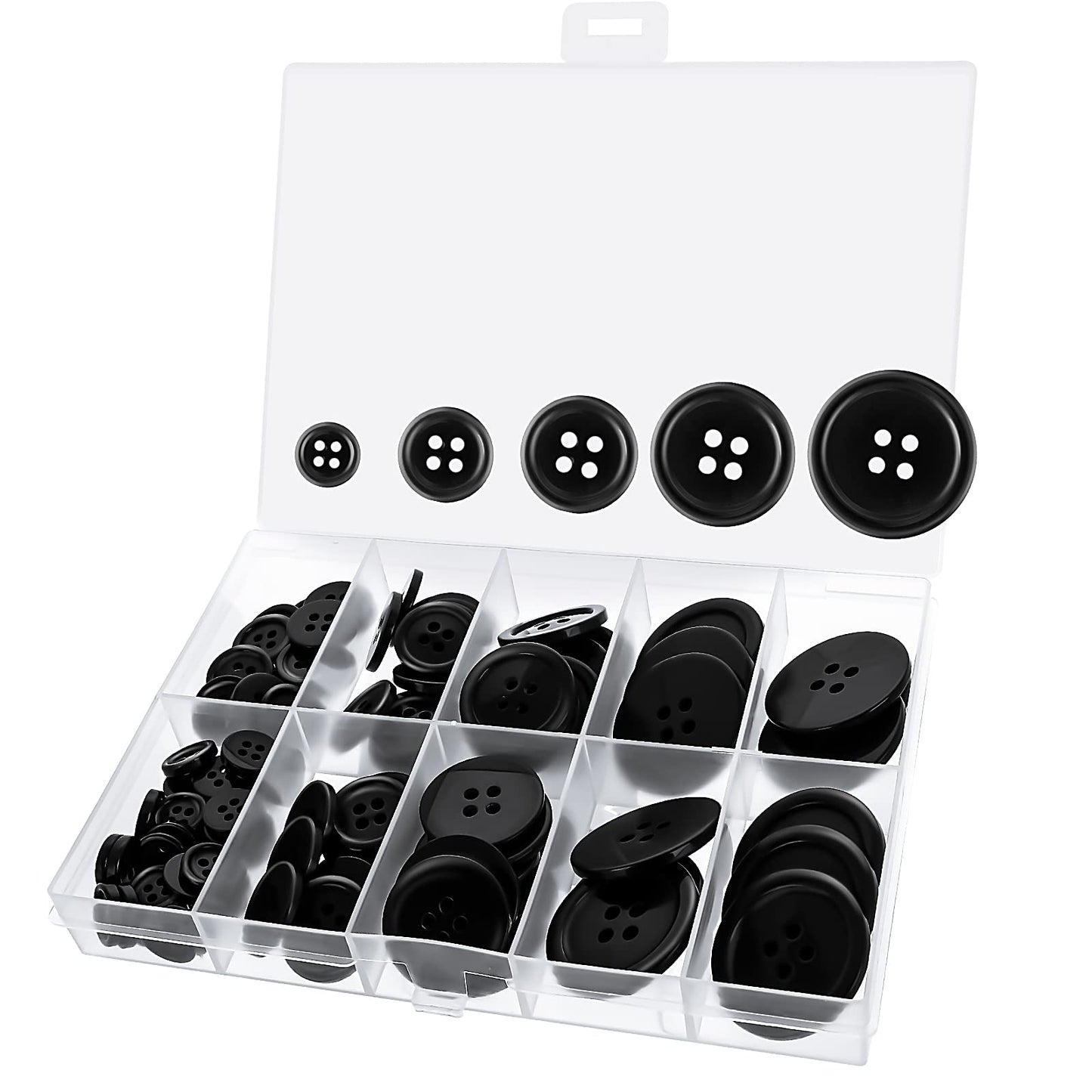 Lusofie SEWING_BUTTON, Buttons 100Pcs Black Round Plastic for Sewing, Mixed Sizes, 4-Hole, Suit Coat Shirt DIY, With Compartment Storage Box