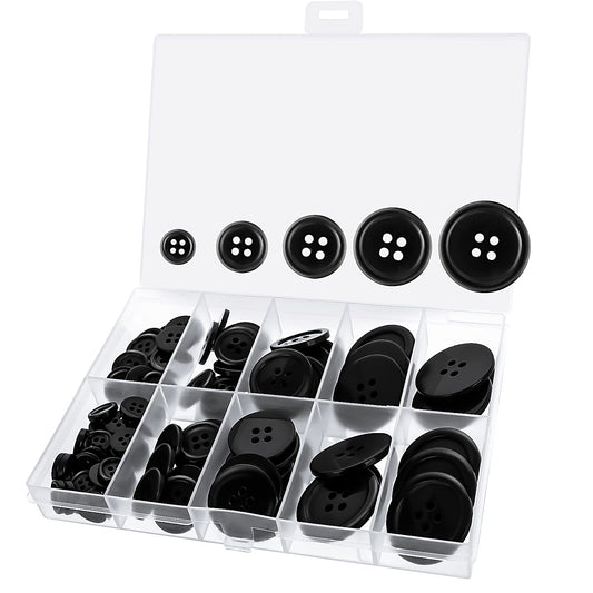 Lusofie SEWING_BUTTON, Buttons 100Pcs Black Round Plastic for Sewing, Mixed Sizes, 4-Hole, Suit Coat Shirt DIY, With Compartment Storage Box