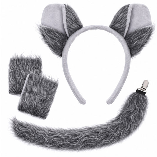 Gemoioio Wolf Costume Set - Grey Ears Headband, Gloves & Tail for Halloween
