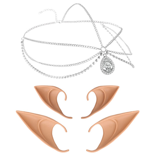 Lusofie Cosplay Fairy Pixie Elf Ears Moon Head Chain Vintage Crystal Headpieces Hair Accessories with Soft Pointed Tips Anime Party Dress Up Costume Masquerade