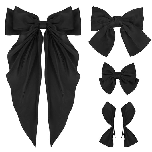 Yolev 5Pcs Black Hair Bow, Silky Satin Bow Hair Clips Long Tail Bows for Hair Big Bow Hair Barrette Clips Balck Hair Bows for Women