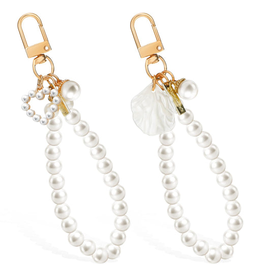 Lusofie 2 Pcs Pearl Key Wristlet Heart Keychain Pearl Keychain Shell Purse Charms Car Keys Keychains Bag Charm Wristlet Keychains for Women