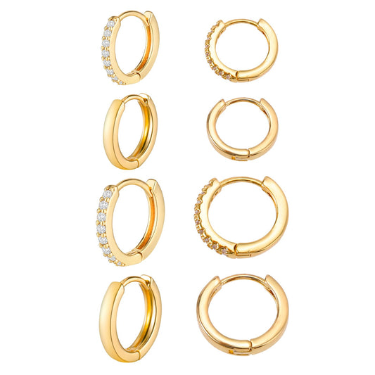 Gold Earrings for Women 4 Pairs Small Gold Huggie Hoop Earrings Tiny Gold Hoop Earrings with Cubic Zirconia Cute Cartilage Earring Set for Multiple Piercing