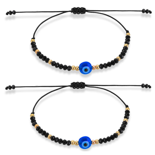 Yolev 2 Pieces Evil Eye String Bracelets Handmade Black String Adjustable String Amulet for Women Men