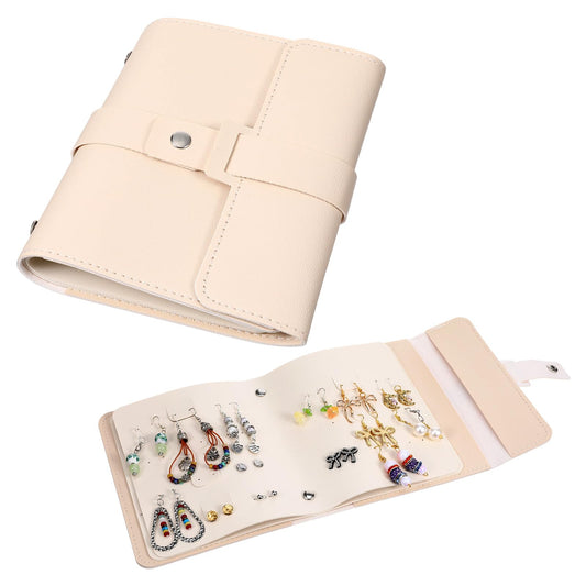 Fiyooau Stud Earring Organizer, Foldable Book Design Jewelry Book Organizer, Portable PU Leather Travel Earring Case Storage Bag for Women Girls, Beige