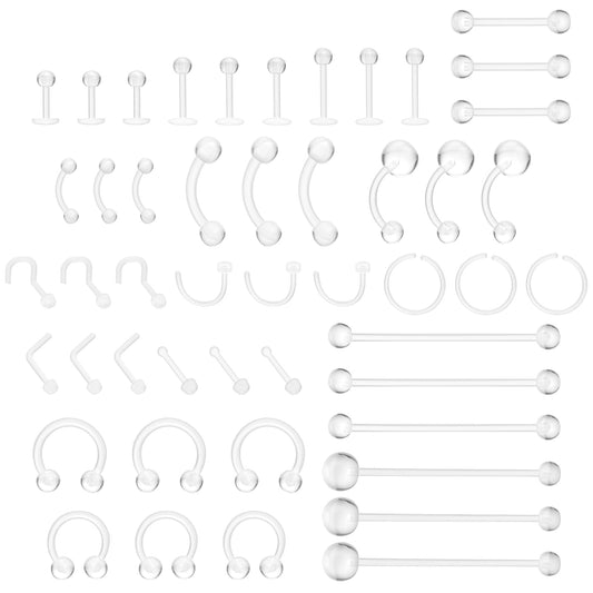 Yolev 48Pcs Clear Piercing Jewelry Piercing Retainer Acrylic Clear Septum Ring Clear Nose Studs Rings Lip Cartilage Tongue Belly Tongue Nipple Belly Bars Eyebrow