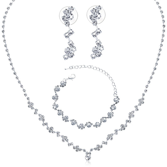 Yolev Bridal Jewelry Set Rhinestone for Wedding Jewelry Set Include Necklace Bracelet Earrings Brides Bridesmaid Prom Costume Jewelry Set for Women and Girls