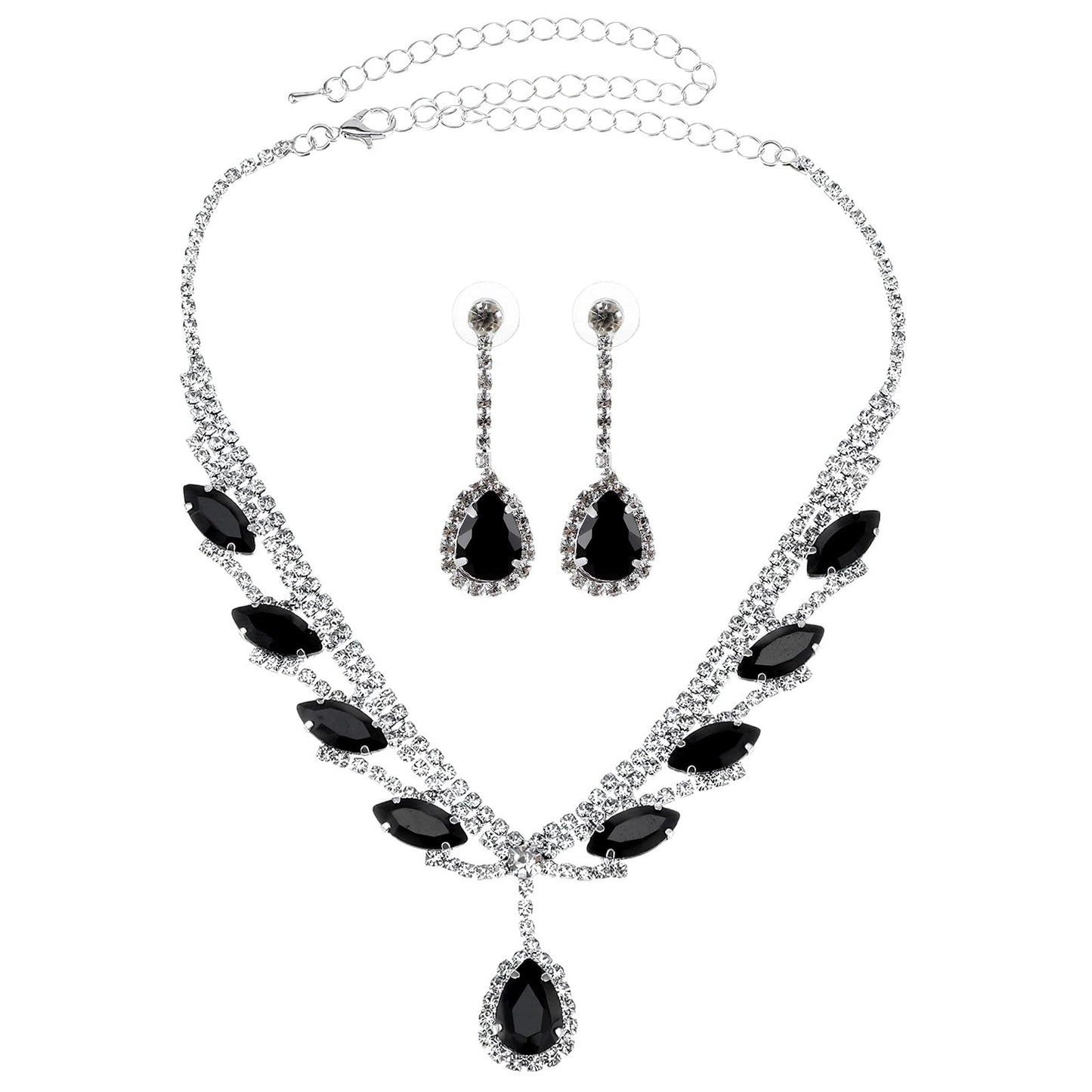 HekouJiub 3PCS Black Jewelry Sets for Women Black Rhinestone Necklace Wedding Jewelry Sets Bridal Prom Rhinestone Necklace and Earring for Women Formal Costume Accessories