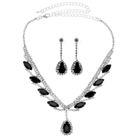 HekouJiub 3PCS Black Jewelry Sets for Women Black Rhinestone Necklace Wedding Jewelry Sets Bridal Prom Rhinestone Necklace and Earring for Women Formal Costume Accessories