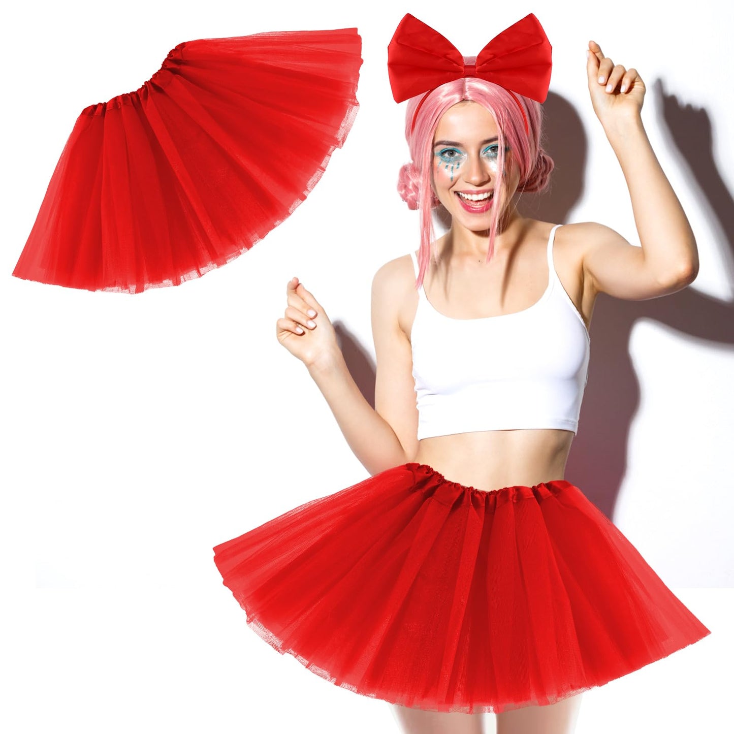 Tutu Skirt for Women Adult Tutus Ballet Skirt Elastic 4 Layered Tulle Skirts 80s Fancy Dress Halloween Christmas Costumes with Bow Headband (Red)