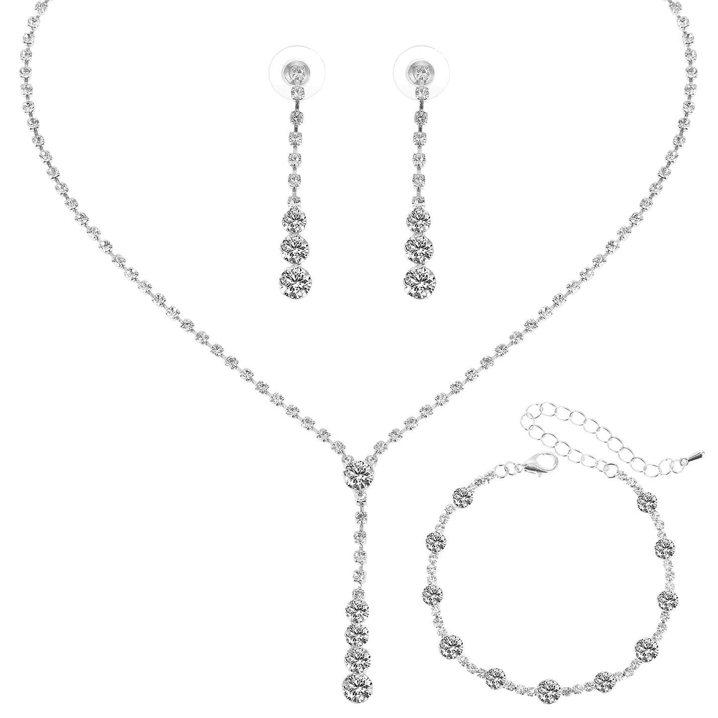 Bride Necklace Bracelet Earrings Set Crystal Wedding Jewelry Set Rhinestone Choker Necklace for Women and Girls (Silver)