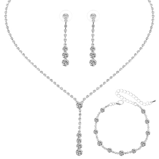 Bride Necklace Bracelet Earrings Set Crystal Wedding Jewelry Set Rhinestone Choker Necklace for Women and Girls (Silver)