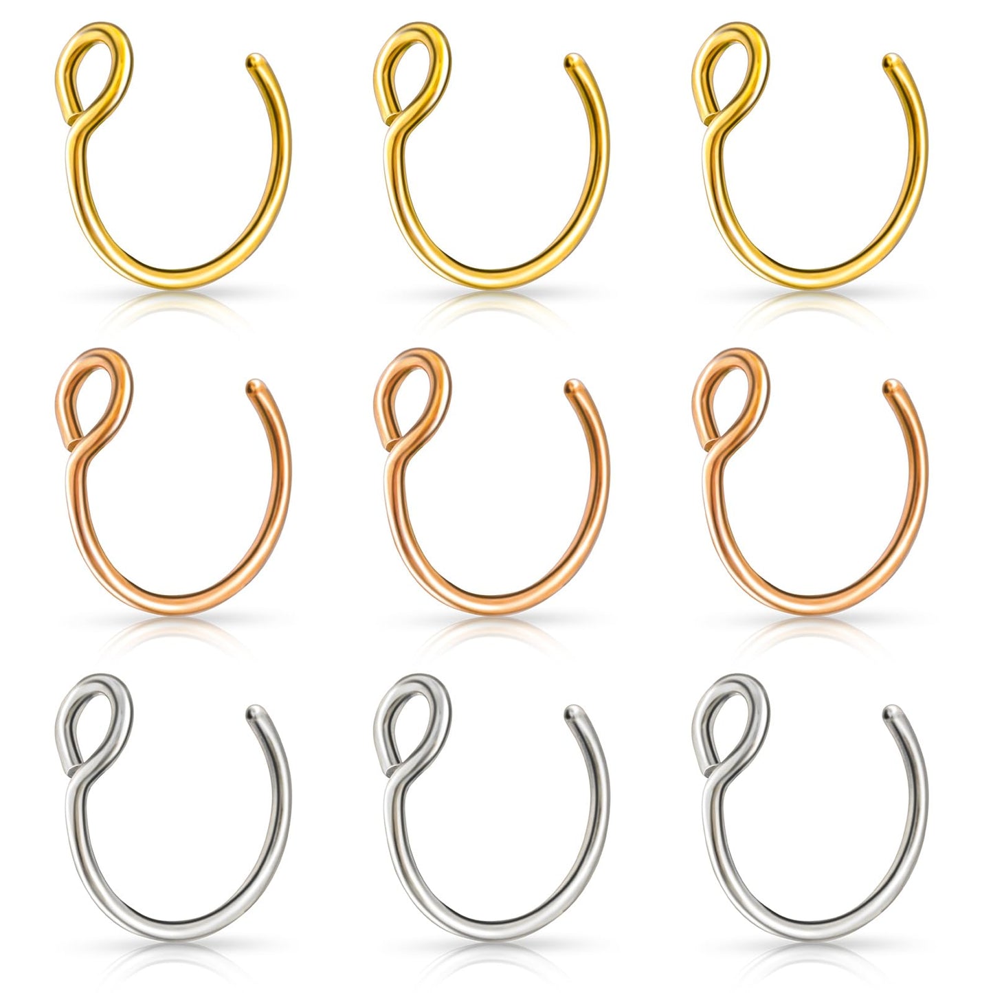 Lusofie 9Pcs Fake Nose Rings,Fake Nose Ring Hoop Stainless Steel Nose Hoop for Faux Lip Septum Nose Ring Set
