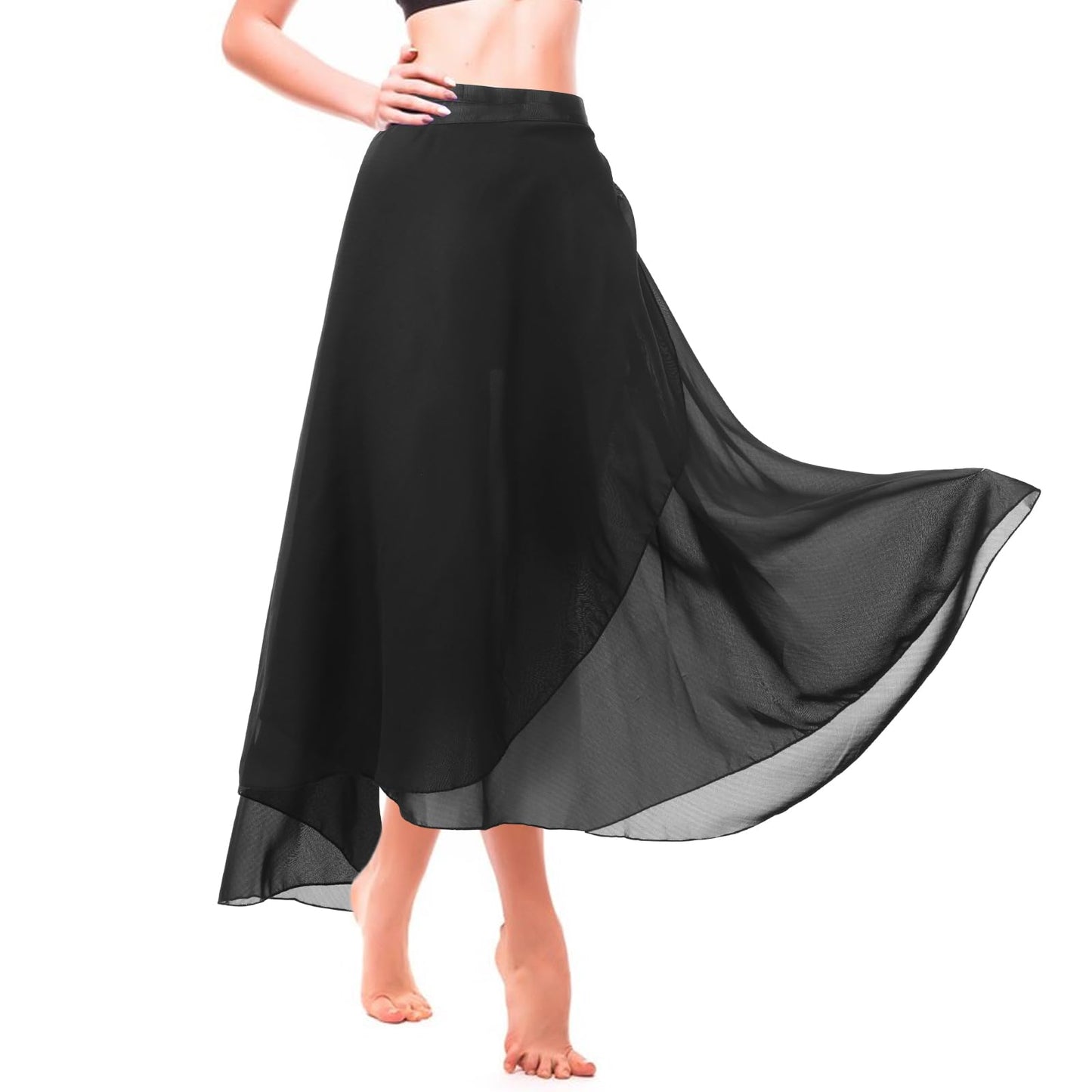 Women's Ballet Wrap Skirt Chiffon Dance Wrap Skirt with Adjustable Waist Tie Gymnastics Ballet Skirts Dancewear for Women Black