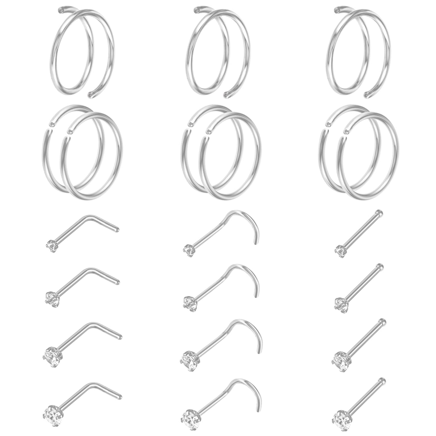 Telooco 21 Pcs 20G Nose Rings Hoops Set Stainless Surgical Steel Nose Rings Stud L-shaped Nose Pin Piercing Jewelry for Women Men