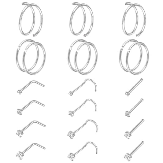 Telooco 21 Pcs 20G Nose Rings Hoops Set Stainless Surgical Steel Nose Rings Stud L-shaped Nose Pin Piercing Jewelry for Women Men