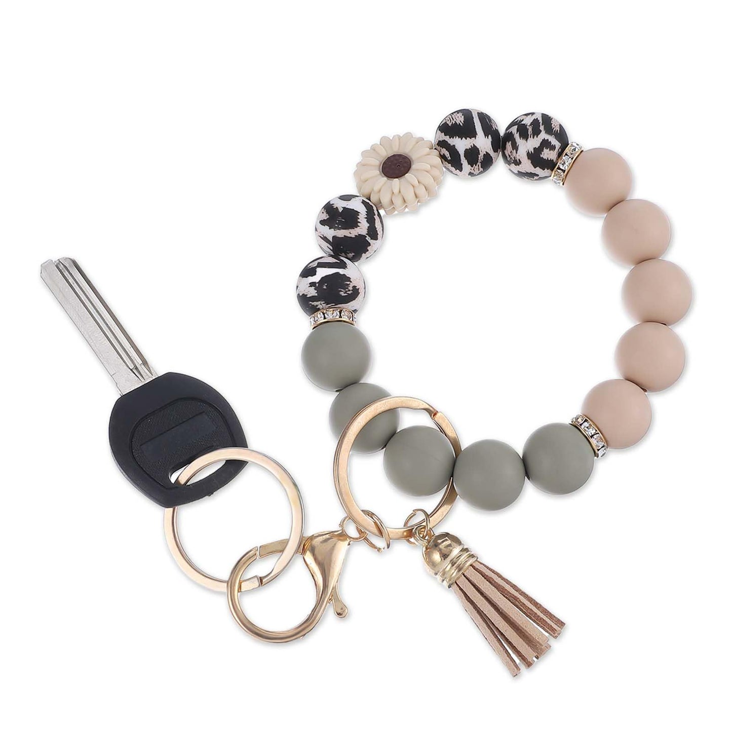 Silicone Bead Keychain Wrist Bracelet Silicone Bead Wristlet Keychain for Women Flower Cute Car Key Chain Holder Key Ring Bracelet With Tassel