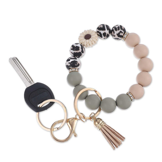 Silicone Bead Keychain Wrist Bracelet Silicone Bead Wristlet Keychain for Women Flower Cute Car Key Chain Holder Key Ring Bracelet With Tassel