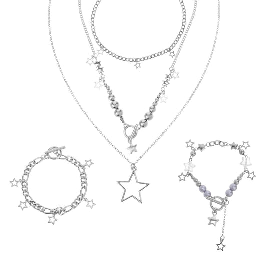 Josojoou Y2k Star Necklace with 2 Pieces Bracelets Silver Star Chain Kawaii Cute Necklaces with Bracelet Star Aesthetic Vintage Emo Jewellery Set for Y2k Grunge Accessories for Women Girls