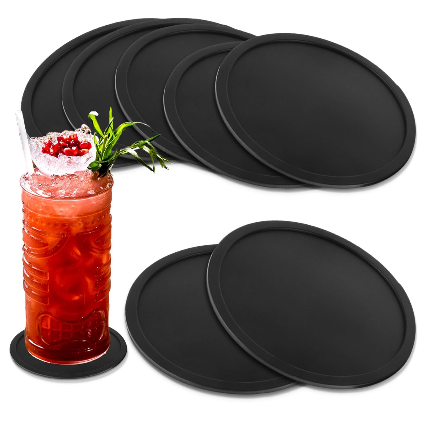 6Pcs Silicone Coasters for Drinks, Heat Resistant Coffee Coasters for Coffee Table Round Black Table Coasters Non Slip Cup Mat for Table Desk Kitchen Office Bar Furniture Protection