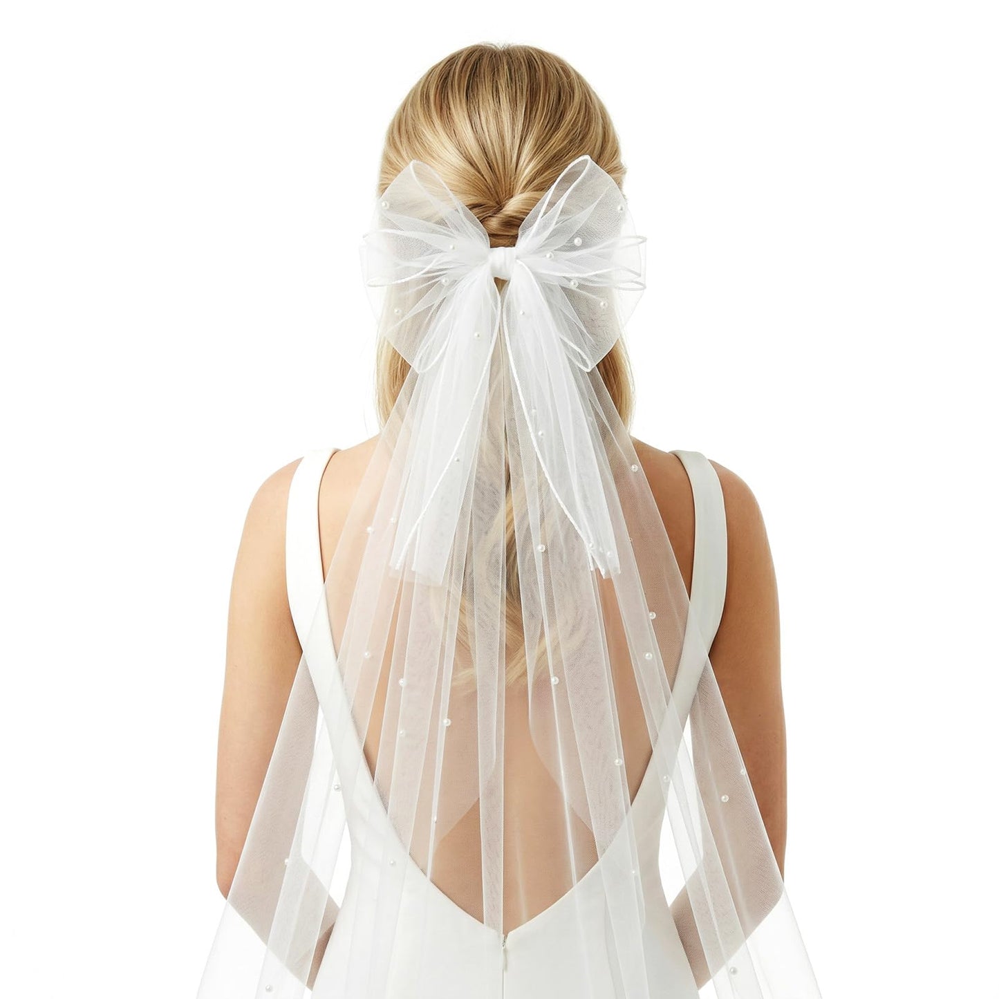 Wedding Veil, White Pearl Hair Bow Veil Clip, Bridal Wedding Bachelorette Hair Accessory, Lightweight Barrettes For Bride Bridesmaid