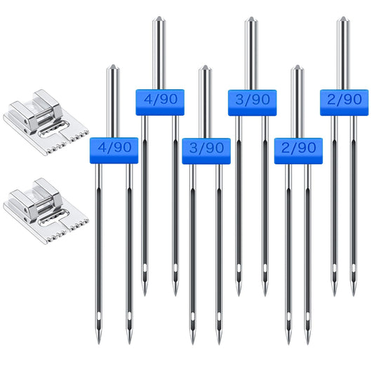 6Pcs Twin Needles for Sewing Machine, Twin Needle Double Needle with 2Pcs 9 Groove Pintuck Presser Foot, Brother Sewing Machine Needles for Sewing Machine Accessories, 3 Sizes 2.0/90, 3.0/90, 4.0/90