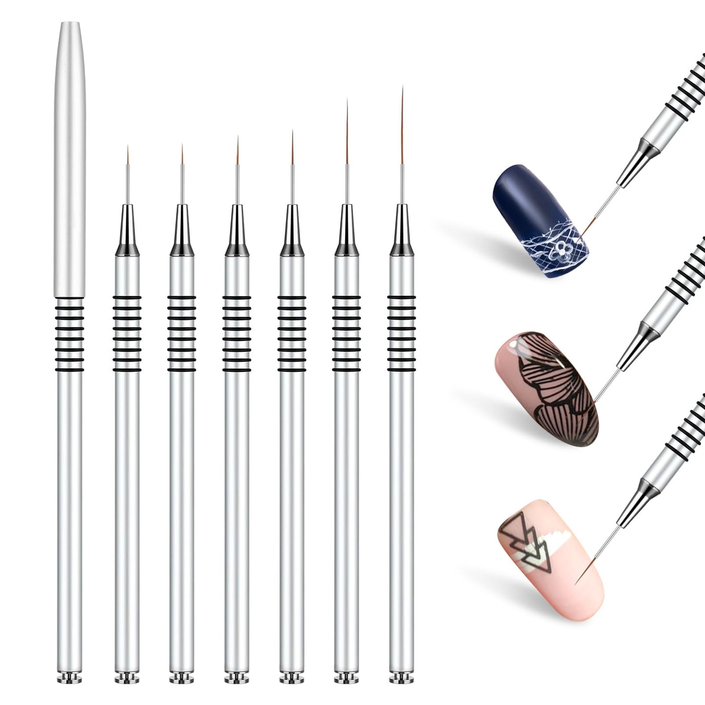 Yolev Liner Brush for Nails 6Pcs Thin Nail Art Brushes Professional Nail Design Brush Metal Handle Nail Drawing Pens for Long Lines, Thin Details, Fine Drawing Sizes 5/7/9/11/20/25mm