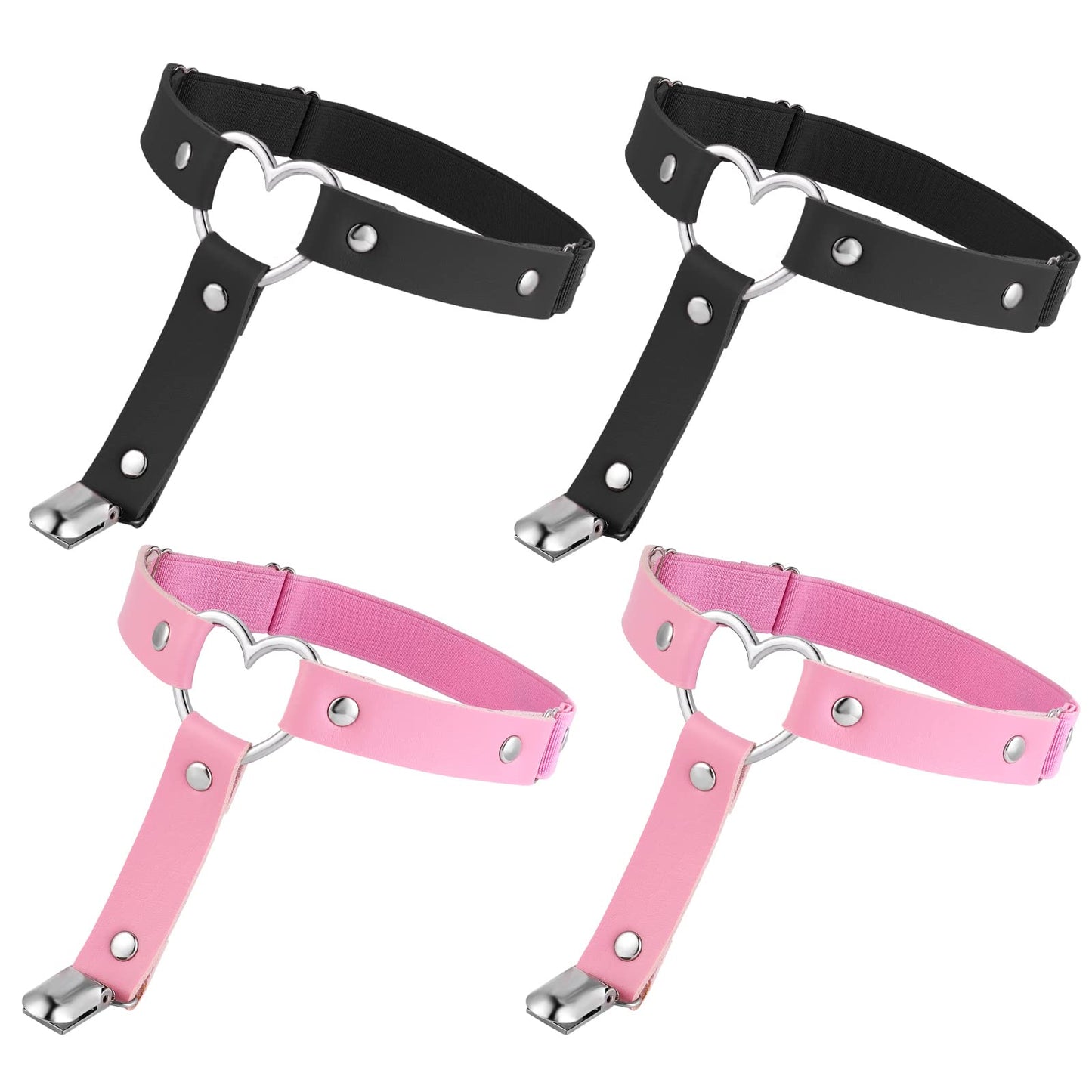 Yolev 4Pcs Women Adjustable Leather Thigh Garter Heart Shaped Leg Garter with Clips Punk Goth Garters for Thigh-high Socks