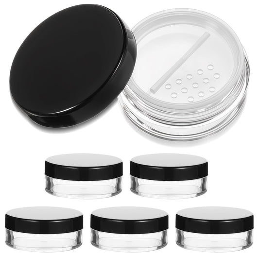 6pcs 10ml/0.34oz Plastic Empty Compact Case Refillable Portable Makeup Powder Container No Leak Travel Empty Case with Rotatable Sifter and Leakproof Black Screw Lid
