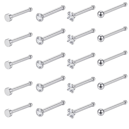Fiyooau 20Pcs Straight Nose Rings 20G Surgical Steel Nose Bone Studs Cubic Zirconia Small Stud Nose Ring Stuf Body Piercing Jewelry for Women Men