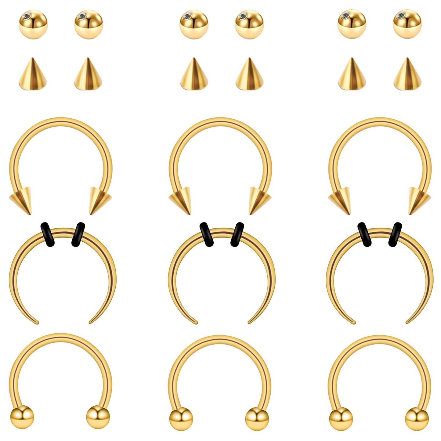 Fiyooau 9Pcs 16g Gold Septum Ring Surgical Steel Horseshoe Nose Ring 10mm Septum Piercing with Balls & Spikes Eyebrow Lip Rings for Women Men