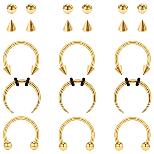 Fiyooau 9Pcs 16g Gold Septum Ring Surgical Steel Horseshoe Nose Ring 10mm Septum Piercing with Balls & Spikes Eyebrow Lip Rings for Women Men