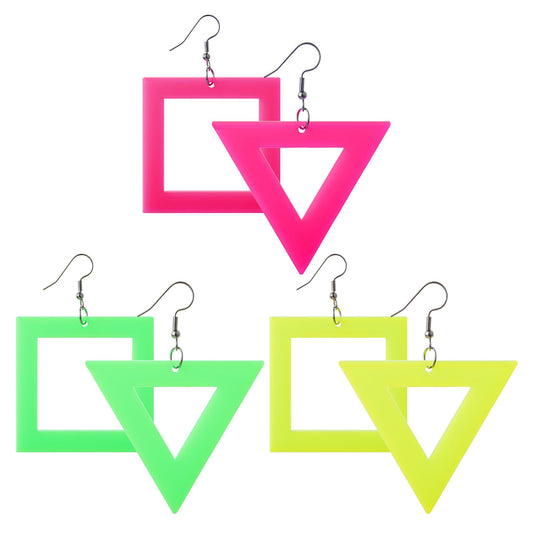 80s Neon Earrings 3Pairs Colorful Acrylic Drop Earrings Retro Geometric Pendant Neon Jewelry for Women 90s Costume Glow Party Accessories(Solid Color)