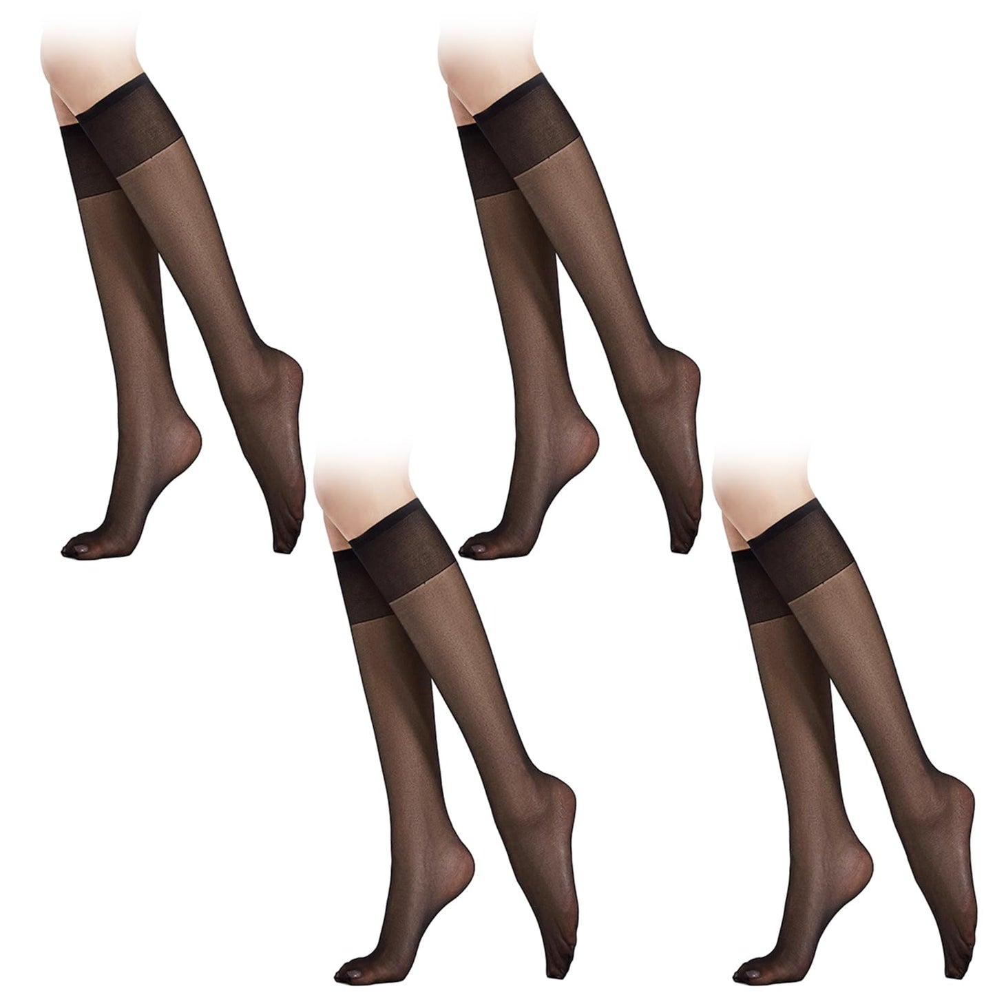 DIVINA VITAE 4 Pairs Black Knee High Tights Sheer Knee High Stockings with Energizing Support 20D Nylon Knee Highs for Women Smooth Silk Stockings Legs Knee Highs Tights Socks Elastic Fine Knee Socks