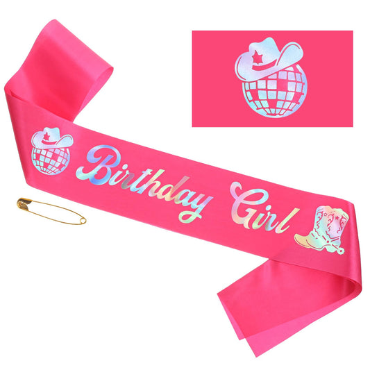 Birthday Girl Sash with Rainbow Foil, Hot Pink Disco Cow Birthday Sash for Women, Western Cow ThemeBirthday Party Decorations (Pink)