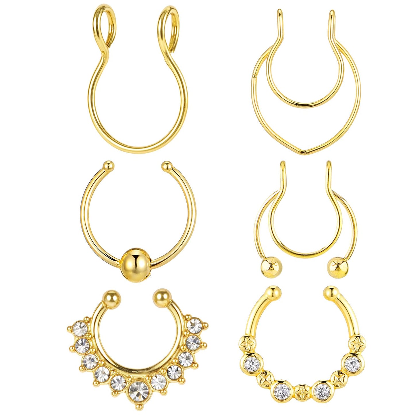 Fiyooau 6 Pcs Fake Septum Ring Stainless Steel Fake Septum Piercing Gold Fake Nose Rings Clip on Septum Ring Hoop Non Piercing Nose Jewelry for Women Men, 8mm