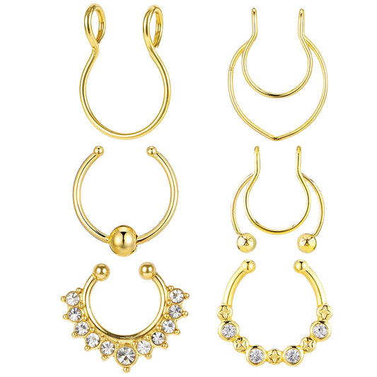 Fiyooau 6 Pcs Fake Septum Ring Stainless Steel Fake Septum Piercing Gold Fake Nose Rings Clip on Septum Ring Hoop Non Piercing Nose Jewelry for Women Men, 8mm