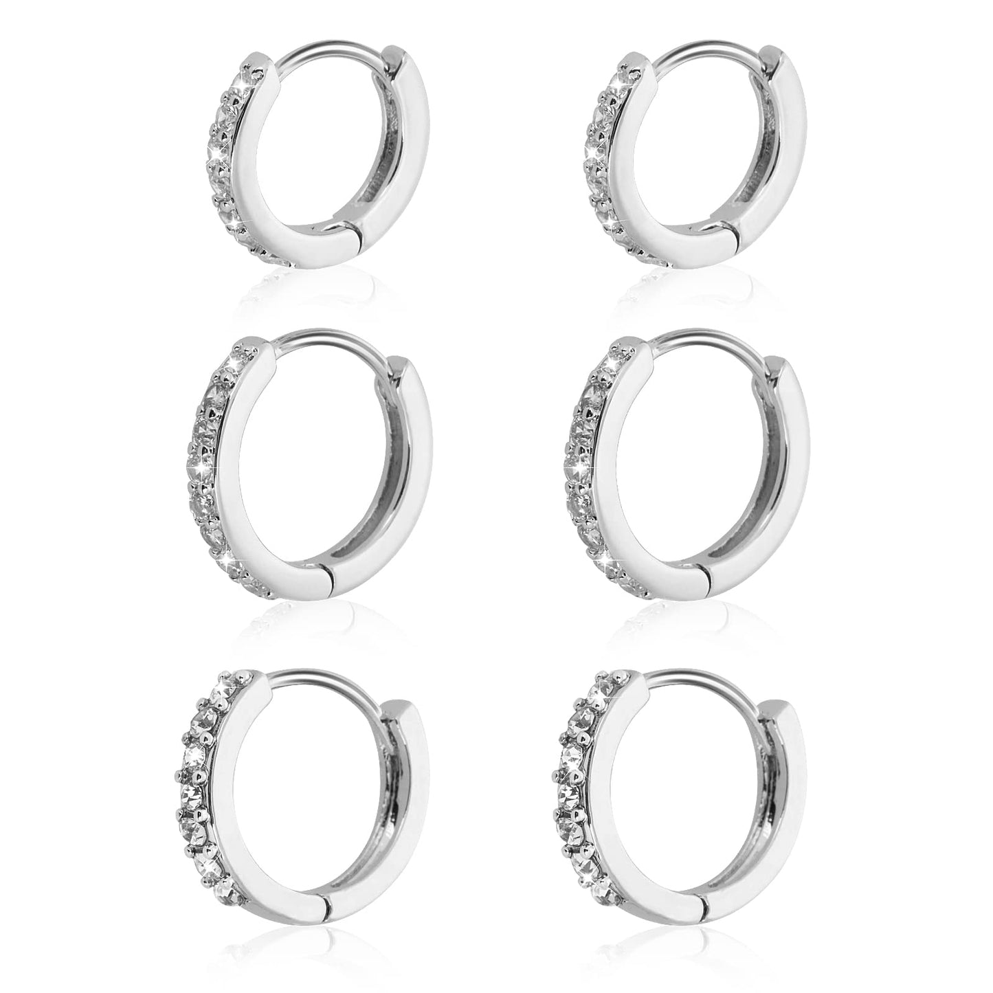 Yolev 3 Pairs Silver Small Hoop Earrings Set Cubic Rhinestones Hoop Earrings Sterling Silver Huggie Earrings for Women(8mm 10mm 12mm)