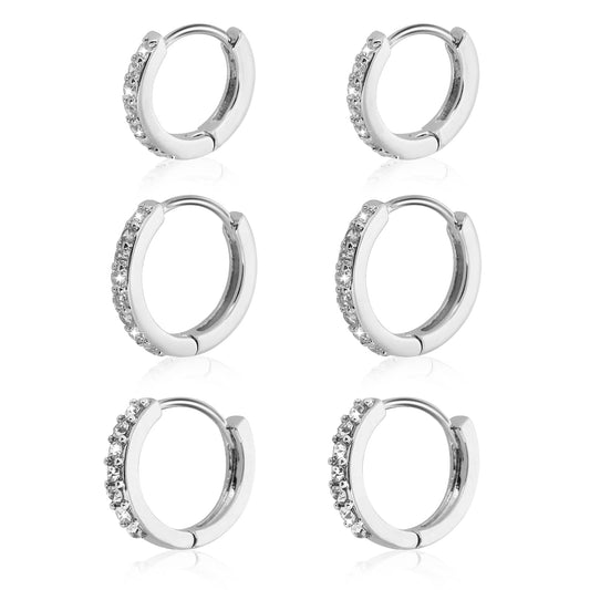 Yolev 3 Pairs Silver Small Hoop Earrings Set Cubic Rhinestones Hoop Earrings Sterling Silver Huggie Earrings for Women(8mm 10mm 12mm)