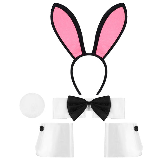 DIVINA VITAE Bunny Costume Set Rabbit Ears Headband Collar Bow Tie Costume Cuffs Rabbit Tail Accessories for Easter Halloween Cosplay Party (Black and Pink)