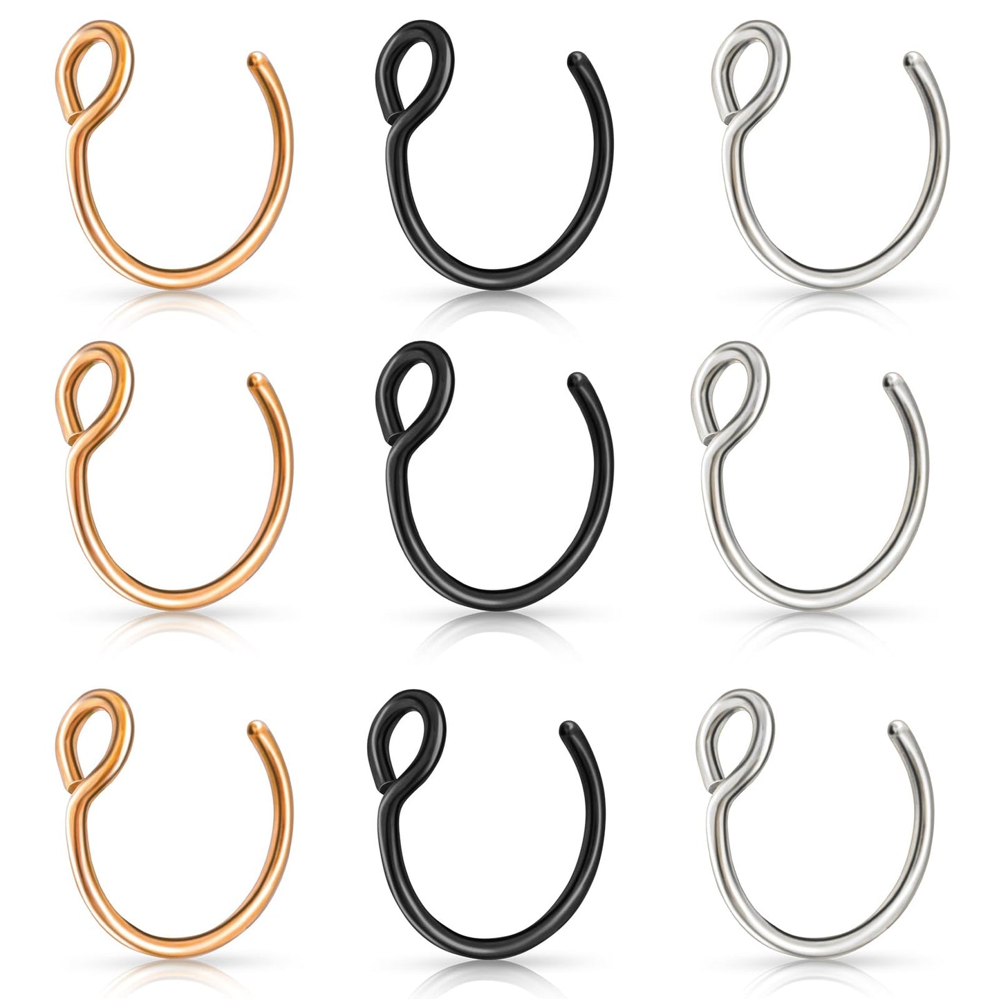 Yolev 9Pcs Fake Nose Rings, Fake Nose Ring Hoop Stainless Steel Nose Hoop for Faux Lip Septum Nose Ring Set Non Piercing Lip Rings