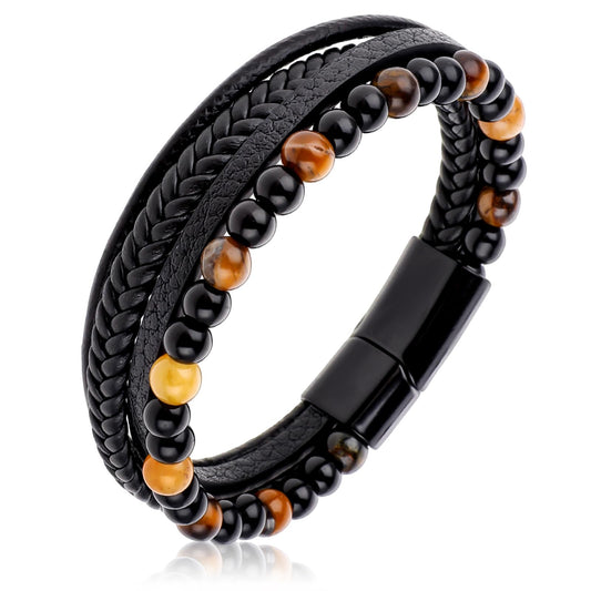 Yolev Mens Leather Bracelet Black Braided Cuff Bracelet Tiger Eye Stone Bracelet for Men Magnetic Clasp Rope Wristband Jewelry Gift for Boyfriend